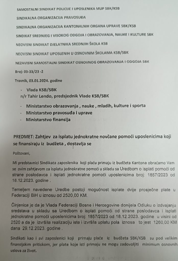 Travnik: Sedam sindikata uputilo zahtjev Vladi SBK za isplatu jednokratne novčane pomoći!
