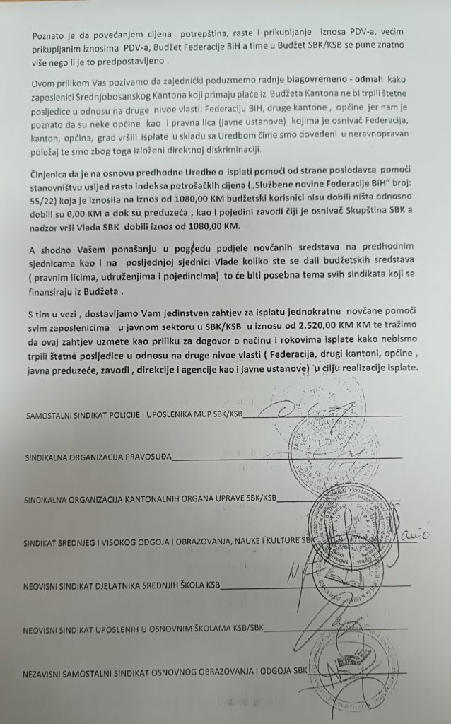 Travnik: Sedam sindikata uputilo zahtjev Vladi SBK za isplatu jednokratne novčane pomoći!